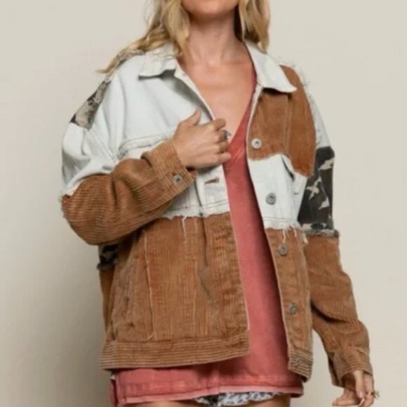 POL Women's Patchwork Corduroy Jacket Brown, Cream, and Camouflage Sz S/M - Picture 1 of 7